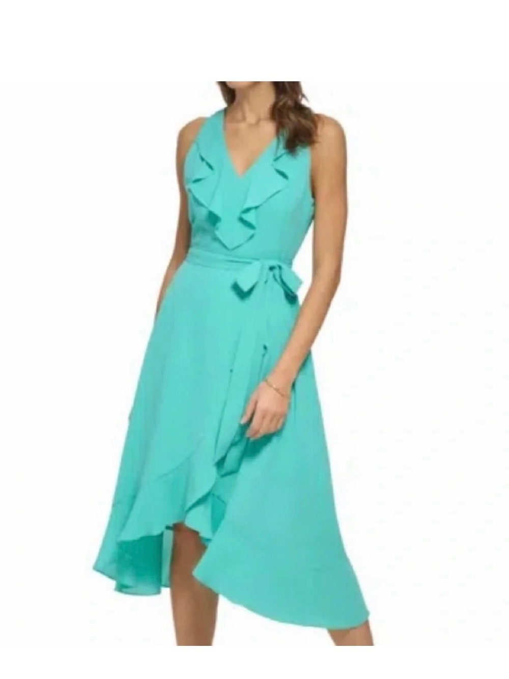 Kensie Teal High-Low Ruffle Wrap Dress